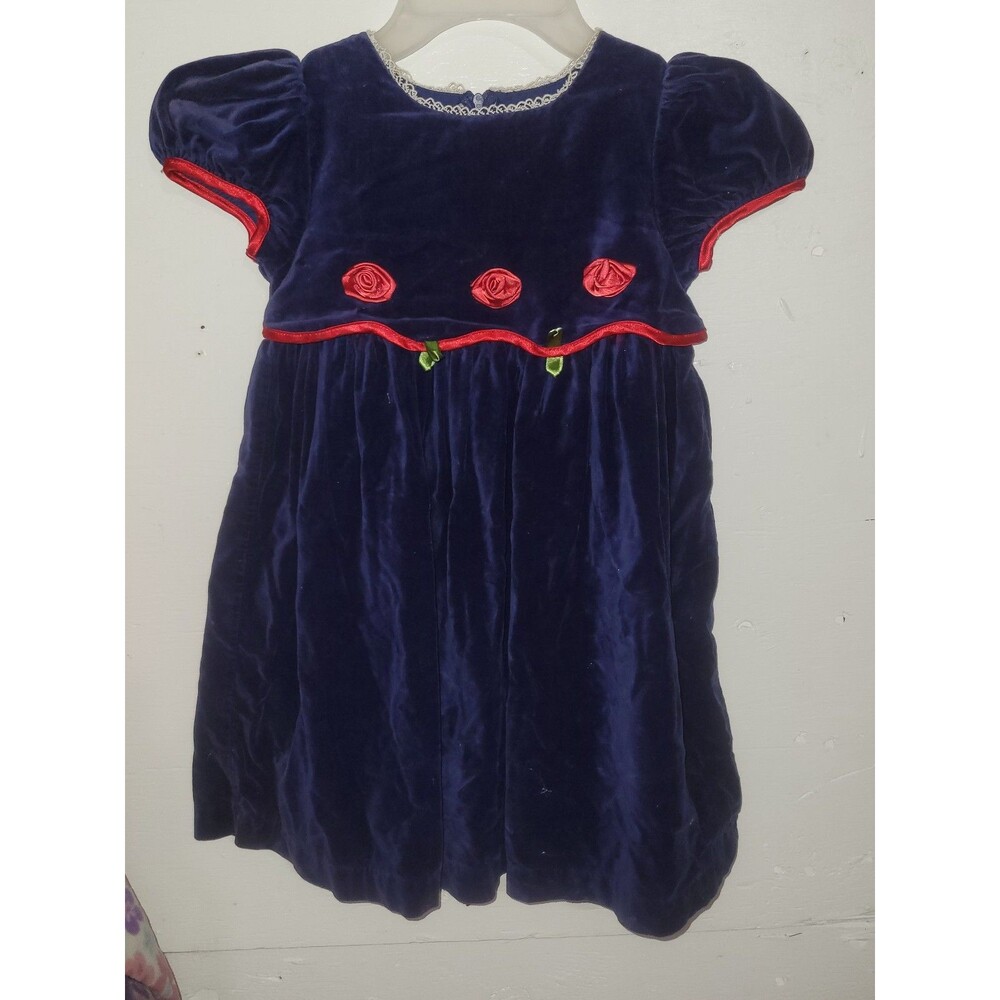Girls Velvet Dress with Red Rose Trim